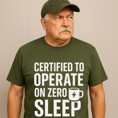 Certified to Operate on Zero Sleep” Work-Life Burnout Tee (Unisex)